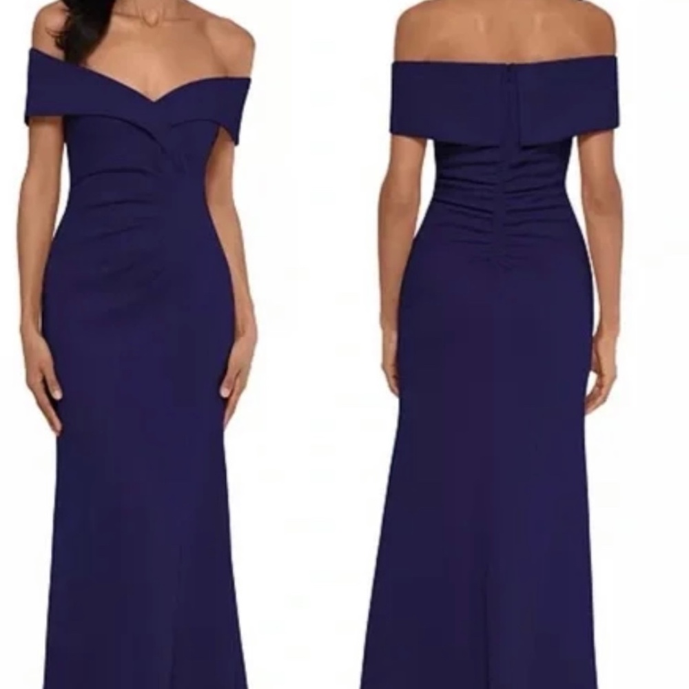 XSCAPE DRESS SIZE 8 Xscape X Womens Gathered Off-The-Shoulder Evening Dress Navy